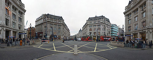 Panoramic view of Oxford Circus; the location where Oxford Street meets Regent Street Oxford Circus Panorama March 2006.jpg