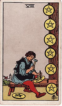 The Eight of Pentacles, Rider-Waite deck