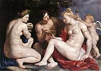 "Sine Cerere et Baccho friget Venus" . circa 1612-1613. oil on canvas medium QS:P186,Q296955;P186,Q12321255,P518,Q861259 . 140.5 × 200 cm (55.3 × 78.7 in). Kassel, Gemäldegalerie Alte Meister.