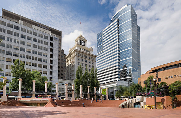 Pioneer Courthouse Square, with Fox Tower in the background