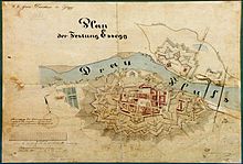 Die schwer verschanzte Festung von Esseg in ihrer Ausbaustufe von 1861. Die vielfach umkämpfte Anlage entstand im Mittelalter westlich der Unterstadt. Erst ab 1923 wurde der Festungsring abgebrochen.