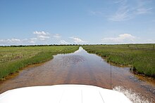 View from a truck driving on Portsmouth Flats Road separating Portsmouth from the rest of the North Core Banks. The road is usually covered in water. Portsmouth - Portsmouth Flats Road - 17.JPG