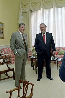 Reagan in the White House private quarters with Robert Bork President Ronald Reagan and Robert Bork.jpg