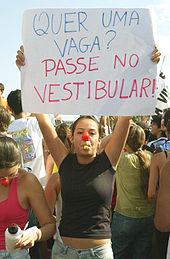 Students protesting against racial quotas in Brazil: "Quer uma vaga? Passe no vestibular!" ("Do you want a spot? Pass the entrance exam!") Protesto contra o sistema de cotas.jpg