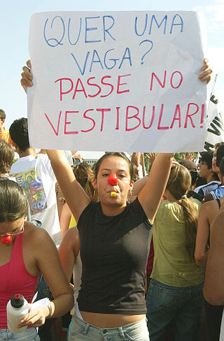 Students protesting against racial quotas in Brasília, Brazil. The sign reads: "Want an opening? Pass the Vestibular (entry exam)!"