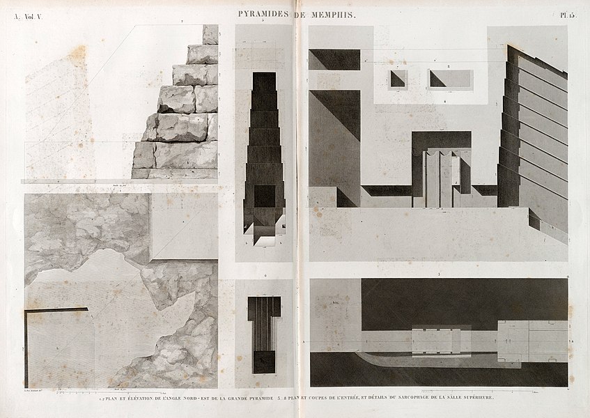 Pl.15 - 1.2. Plan et élévation de l'angle nord-est de la Grande Pyramide 3-8. Plan et coupes de l'entrée, et détails du sarcophage de la salle supérieure