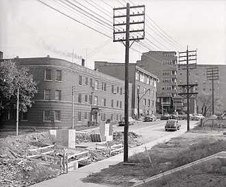 Former section of Queen St. west of Roncesvalles Ave. in 1956, before becoming absorbed into The Queensway, which is under construction at bottom left Queen Street Toronto at Parkside Drive 1956.jpg