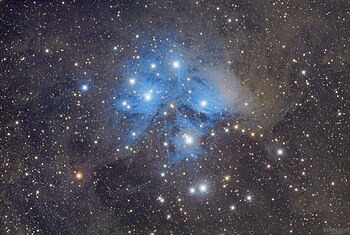 The Seven Sisters, the Pleiades, reflecting their light through the interstellar dust located in between earth and the open cluster. 2.71 , SD 3.40