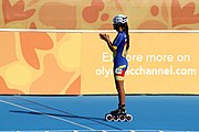 Deutsch: Badminton bei den Olympischen Jugendspielen 2018; Tag 2, 8. Oktober 2018; Halfinale Jungen Lauf 1 English: Roller speed skating at the 2018 Summer Youth Olympics; day 2, 8 October 2018 – Girls Semifinals run 1