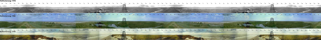 Drie boven elkaar gemonteerde panoramafoto's van Rottumeroog uit respectievelijk 1970, 1985 en 1998. Alle foto's zijn gemaakt vanuit het observatietorentje van de oude (inmiddels gesloopte) voogdswoning op Rottumeroog. Heel goed is te zien hoe de vorm van het eiland in de loop der jaren verandert. De metalen constructie is de Emder kaap.
