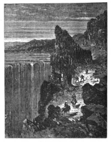 Gravure en noir et blanc : cinq hommes dont deux cavaliers, cheminent sur un sentier montagneux qui borde un précipice près d’une large chute d’eau.