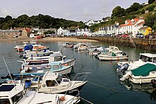 Small fishing boats in the harbour of Rozel on Jersey's north east coast Rozel Jersey 2015.jpg