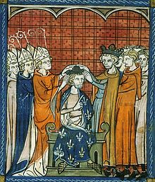 The coronation of Philip II Augustus
(from the Grandes Chroniques de France, c. 1332-1350) Sacre Philippe2 France.jpg