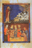 L'artu encesu y varar de Moisés tresformándose en culiebra. Hagadá de Sarajevo, Barcelona, sieglu XIV