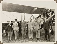 Adelaide August 1928, Royal Air Force Air Marshal Sir John Salmond (second from left) with members of his party C.W.A. Scott (pilot, second from right) and George Nutson (engineer, first on left) after a taxi trip from Darwin using the DH.50J Hermes during Salmond's tour of northern Australia