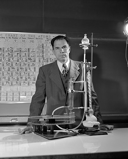 Seaborg in 1950, with the ion exchanger elution column of actinide elements.