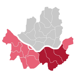 Districts in dark red are traditionally considered part of Gangnam, while districts in pink are sometimes considered part of Gangnam