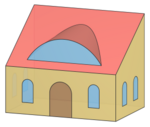 Different orthographic projections of a house. The file below shows three principal views and one that shows the true lengths in the plane of the roof. (The conic dormer shows parts of an ellipse and a hyperbola.)