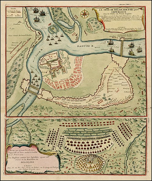 A French map of the siege of Belgrade, showing the fortress and the environs, with the respective positions of the Imperial and the Ottoman armies