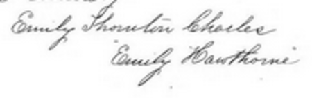 Signature of Emily Thornton Charles and her pseudonym Emily Hawthorne.png