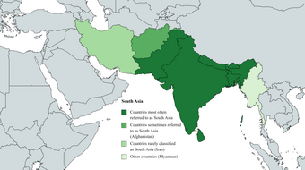 Various definitions of South Asia, including the definition by the United Nations geoscheme which was created for "statistical convenience and does not imply any assumption regarding political or other affiliation of countries or territories." South Asia (definitions).png