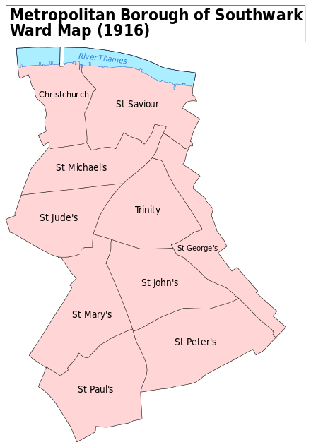 A map showing the wards of Southwark Metropolitan Borough as they appeared in 1916.
