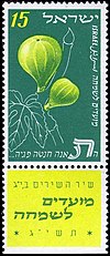 Inscription "The fig tree puteth forth her green figs" from "Song of Solomon 2:13", "Joyous Festivals 5713" stamp of Israel - 15 mil. Stamp of Israel - Festivals 5713 - 15mil.jpg