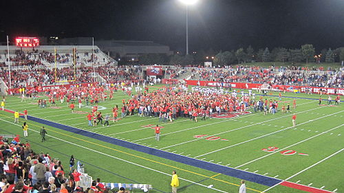 Stony Brook fans rush the field after memorable comeback over the Colgate Raider for the seventh straight Homecoming victory
