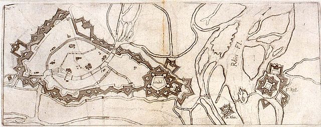 Drawing of Vauban's plan for Strasbourg/Kehl fortifications, circa 1720. Note the multiple channels of the Rhine and its tributaries, and the double s