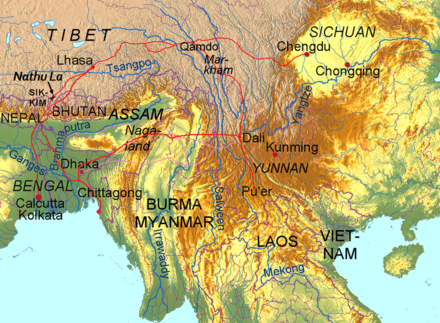 Larger scale political / relief map of area (Hengduan Shan / Three Gorges region top centre).