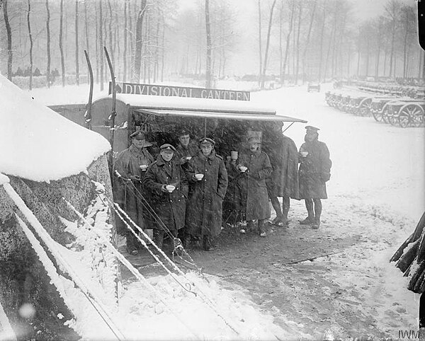 Royal Artillery gunners at the 12th Divisional Canteen on the Arras road near St. Pol, February 1917.