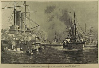 The Crisis at Zanzibar, British War-Ships engaged in the Bombardment of the Sultan's Palace, Racoon (right side, foreground) The Crisis at Zanzibar, British War-Ships engaged in the Bombardment of the Sultan's Palace - ILN 1896.jpg