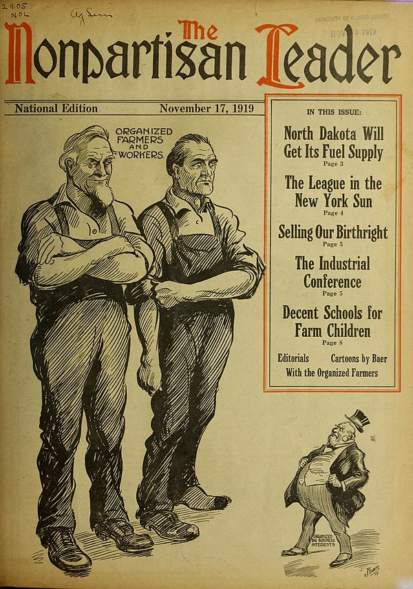 1919 cover of the League's newspaper, The Nonpartisan Leader, portraying organized farmers and workers standing tall against big business interests