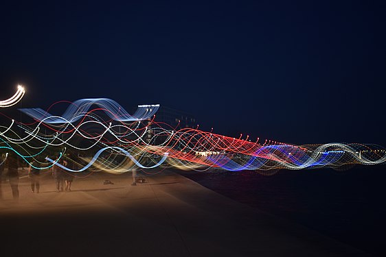 Lights at the seafront of Thessaloniki (Greece) with a moving camera.