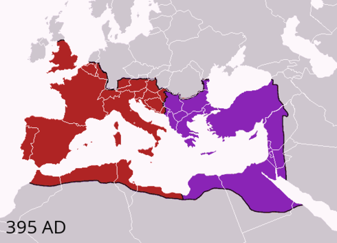 The Eastern and Western Roman Empire at the death of Theodosius I in 395