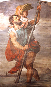 Titian - Français : Saint Christophe portant le Christ. Palais des doges, Venise