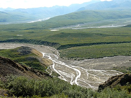 Toklat River, East Fork, Polychrome overlook, Denali National Park, Alaska. This river, like other braided streams, rapidly changes the positions of its channels through processes of erosion, sediment transport, and deposition.