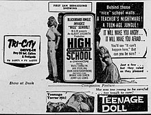 Drive-in advertisement from 1958 for High School Confidential with co-feature, Teenage Doll. Tri-City Drive-In Ad - 25 June 1958, Loma Linda, CA.jpg