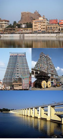 Clock-wise from top: ರಾಕ್ಪೋರ್ತ್, ಜಂಬುಕೇಸ್ವರರ್ ಆಲಯ, ತಿರುವಾನೈಕಾವಲ್, ಅಪ್ಪರ್ ಅಣೈಕತ್ತು, ಷ್ರಿ ರಙನಾಥಸ್ವಾಮಿ ಆಲಯ