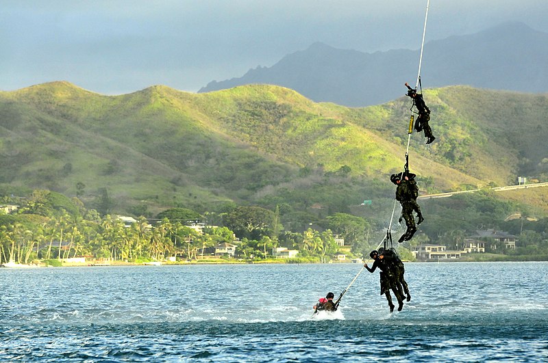 File:U.S. Navy divers with the U.S. Navy SEAL Delivery Vehicle Team 1, Naval Special Warfare Group 3, dangle from the Special Patrol Insertion and Extraction (SPIE) rope attached to an Army UH-60 Black Hawk 130619-A-ZZ999-405.jpg