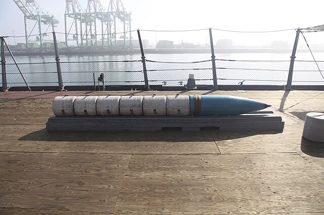 16"/50 gun projectile with six propellant bags (display) aboard USS Iowa (BB-61)