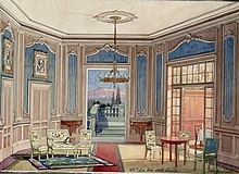 Una ricca sala al primo piano nel villino di Renato, set design for La via della finestra act 1 (1919).