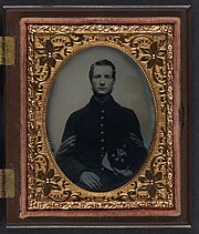 An unidentified sergeant with the 13th New Hampshire Volunteer Infantry Regiment Unidentified soldier in Union sergeant's uniform with Company C, 13th New Hampshire Infantry Regiment kepi LOC 5229195558.jpg