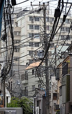 Power lines in Takadanobaba, a neighborhood in Shinjuku, Tokyo, Japan.