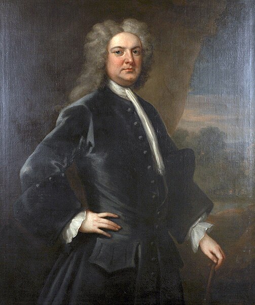 James Brydges, 1st Duke of Chandos (1673–1744), portrait by John Vanderbank, painted in 1722 and showing the newly constructed great basin at Cannons 