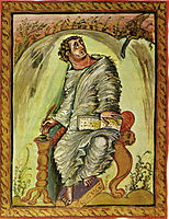 Evangelisten Markus som ser på en løve, ca 823.