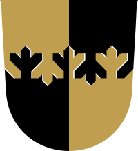 A shield parted per pale and per fir twig fess