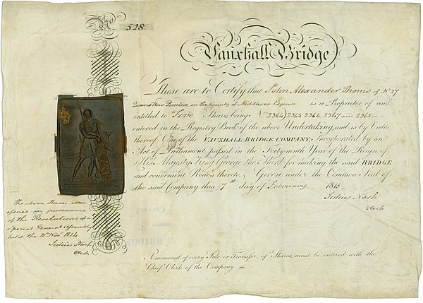 Share of the Vauxhall Bridge Company, issued 7. February 1815