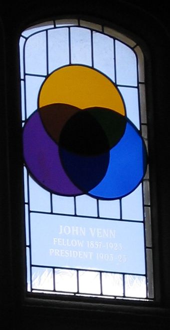 Stained glass window at Gonville and Caius College, Cambridge, commemorating Venn and the Venn diagram