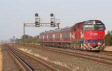 N class locomotive hauled train running near Lara Vline n class train at lara victoria.jpg